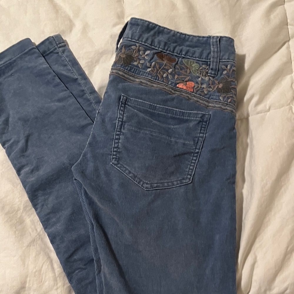 Free People Blue Corduroy Pants with Floral Embroidery